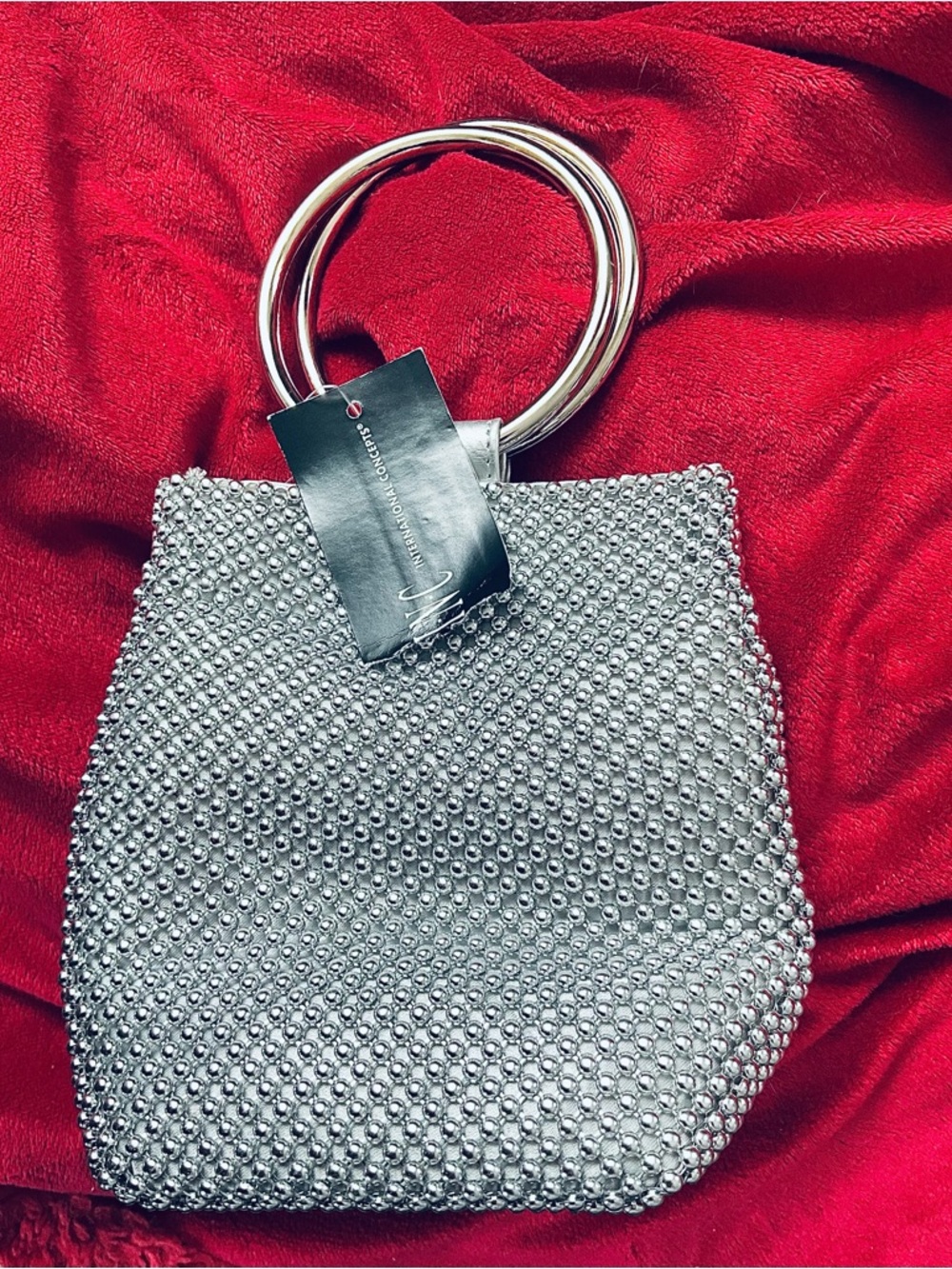 INC Silver Crystal Beaded Ring-Handle Evening Bag